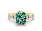 Yellow gold Princess Cut Green Sapphire  Halo Twist Band Solitaire Prong Setting Ring_42