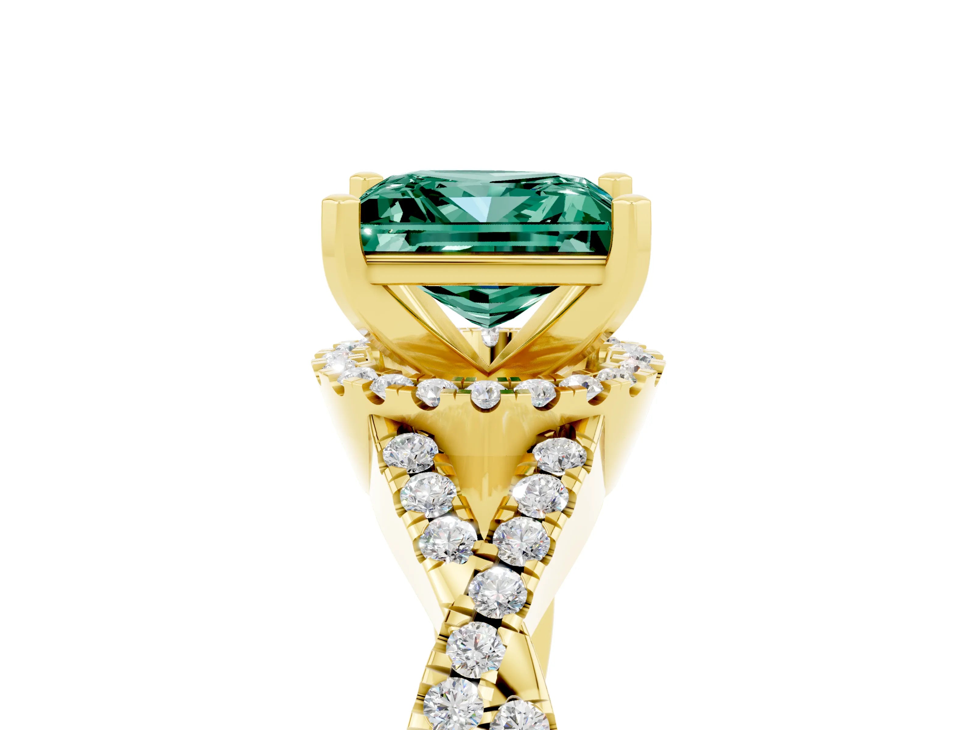 Yellow gold Princess Cut Green Sapphire Halo Twist Band Solitaire Prong Setting Ring_5
