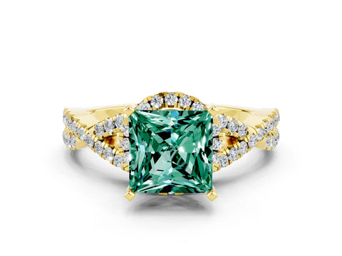 Yellow gold Princess Cut Green Sapphire Halo Twist Band Solitaire Prong Setting Ring