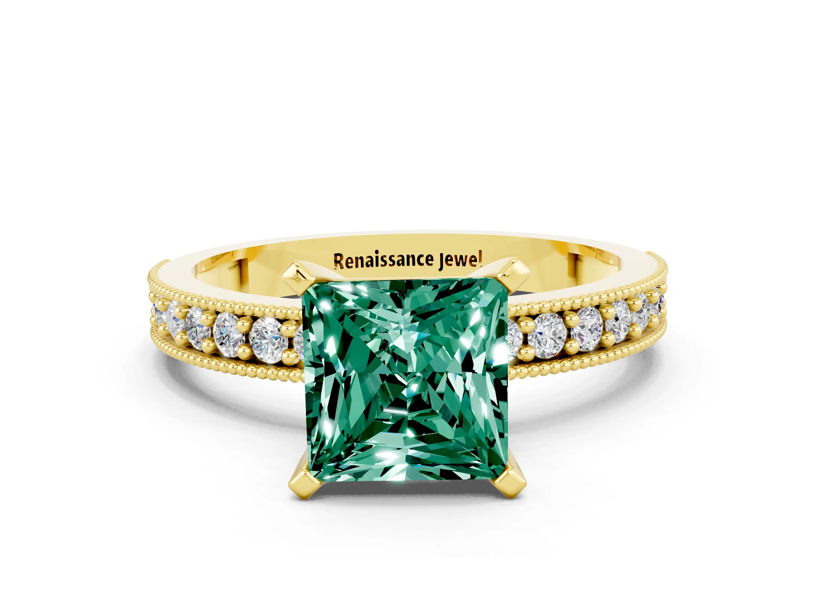 Yellow gold Princess Cut Green Sapphire Milgrain Pavé Engagement Ring with Four-Prong Setting_12