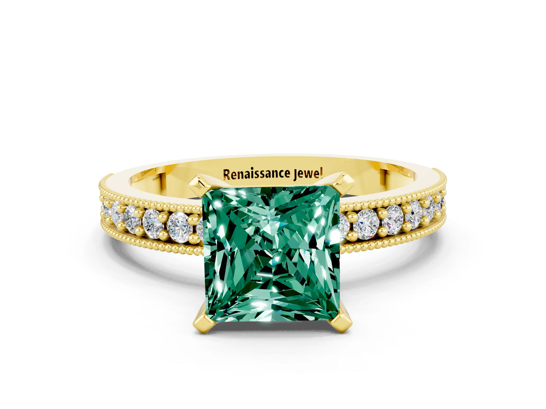 Yellow gold Princess Cut Green Sapphire Milgrain Pavé Engagement Ring with Four-Prong Setting_12