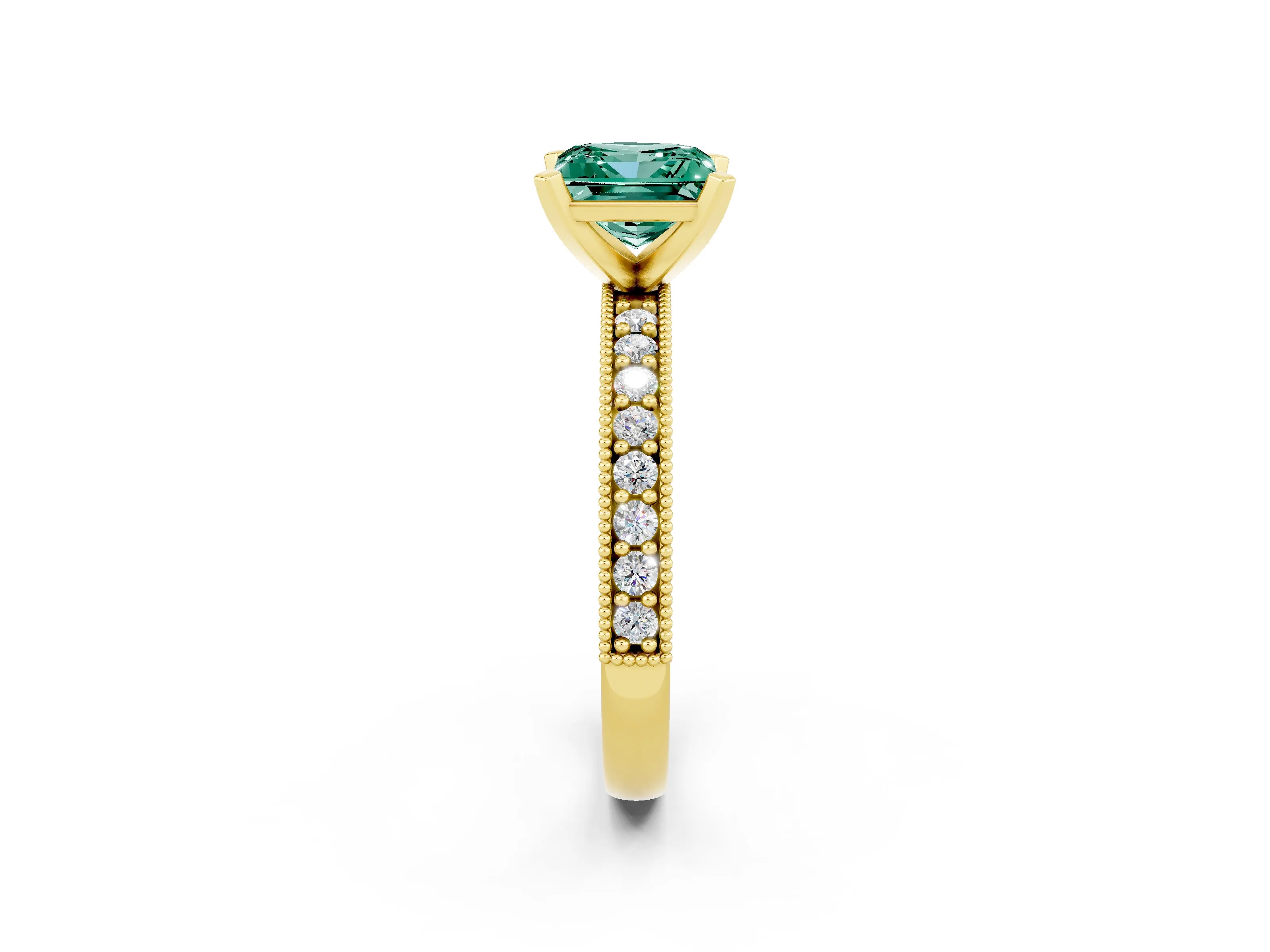 Yellow gold Princess Cut Green Sapphire Milgrain Pavé Engagement Ring with Four-Prong Setting_14