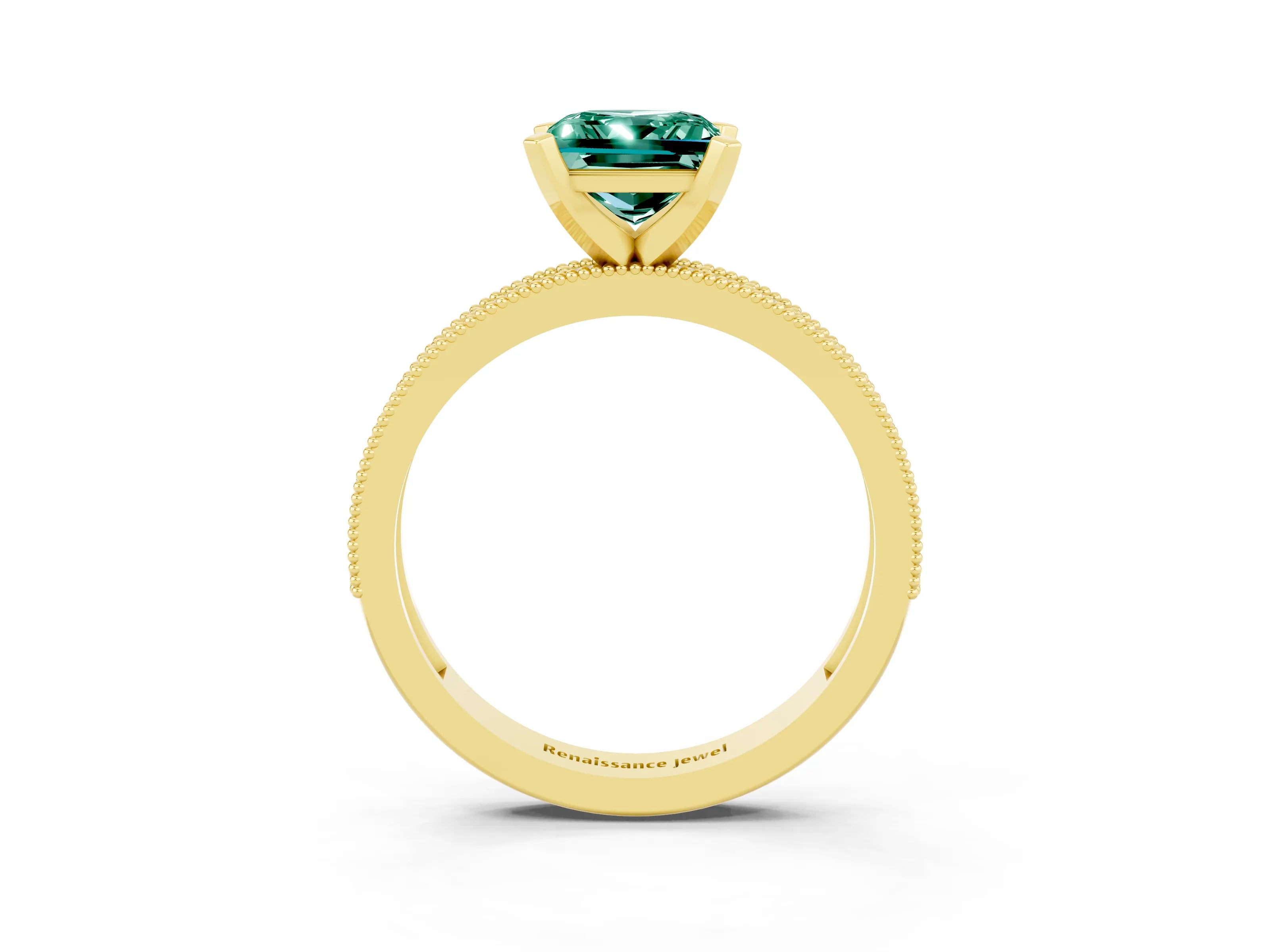Yellow gold Princess Cut Green Sapphire Milgrain Pavé Engagement Ring with Four-Prong Setting_15
