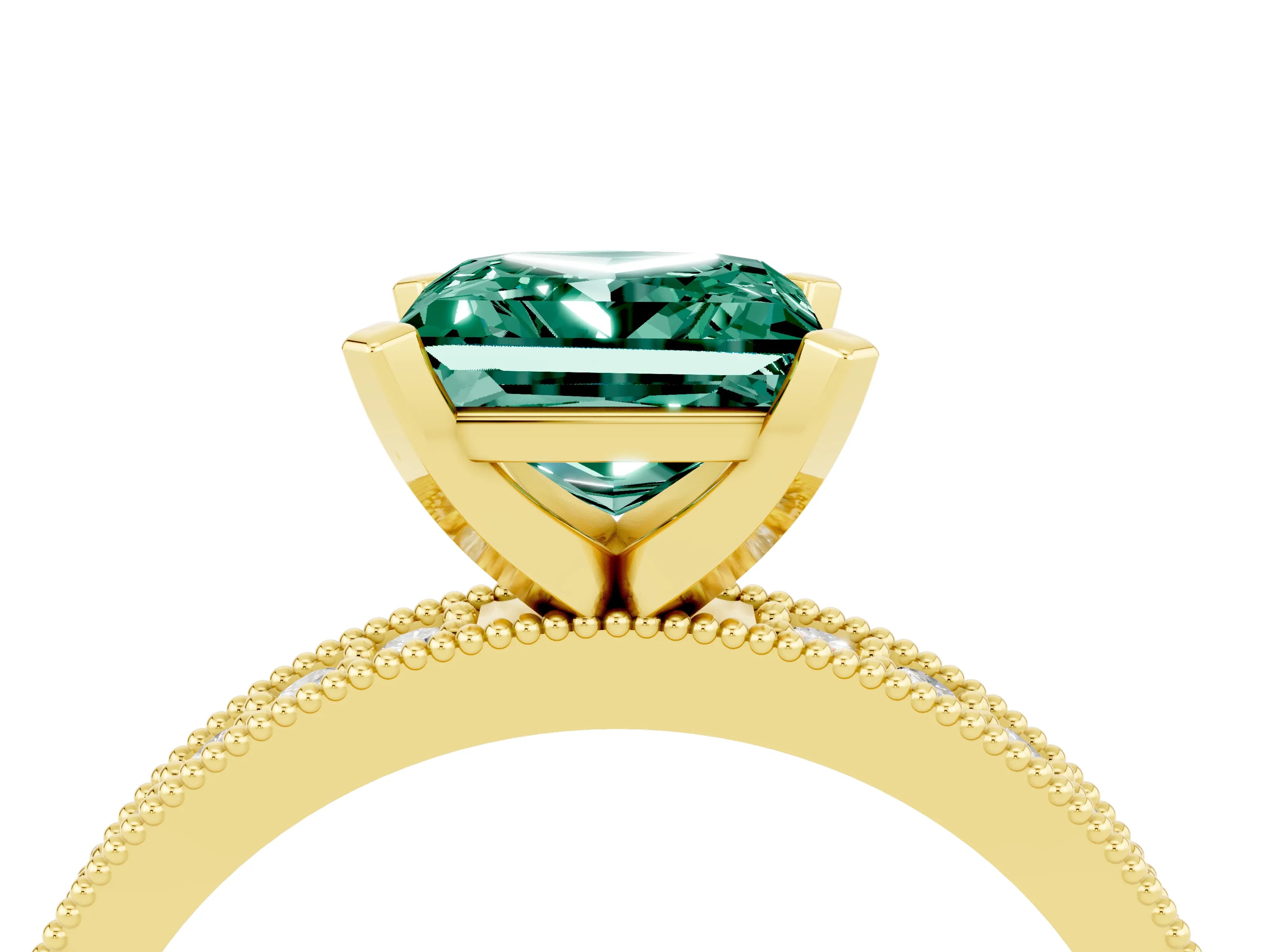 Yellow gold Princess Cut Green Sapphire Milgrain Pavé Engagement Ring with Four-Prong Setting_16