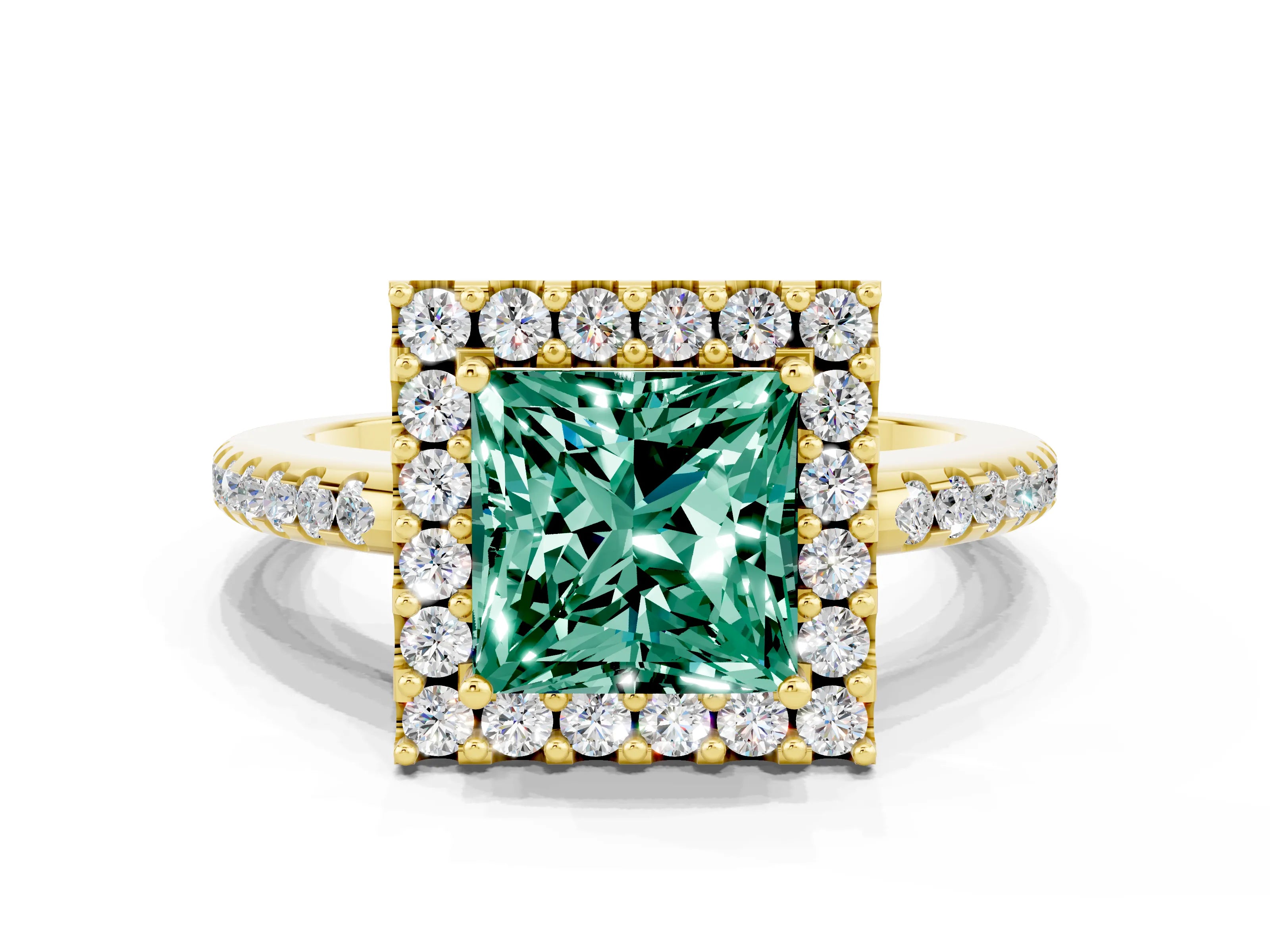 Yellow gold Princess Cut Green Sapphire Pavé Halo Ring with Four-Prong Setting_12