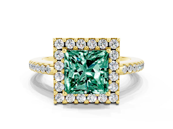 Yellow gold Princess Cut Green Sapphire Pavé Halo Ring with Four-Prong Setting