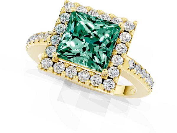 Yellow gold Princess Cut Green Sapphire Pavé Halo Ring with Four-Prong Setting