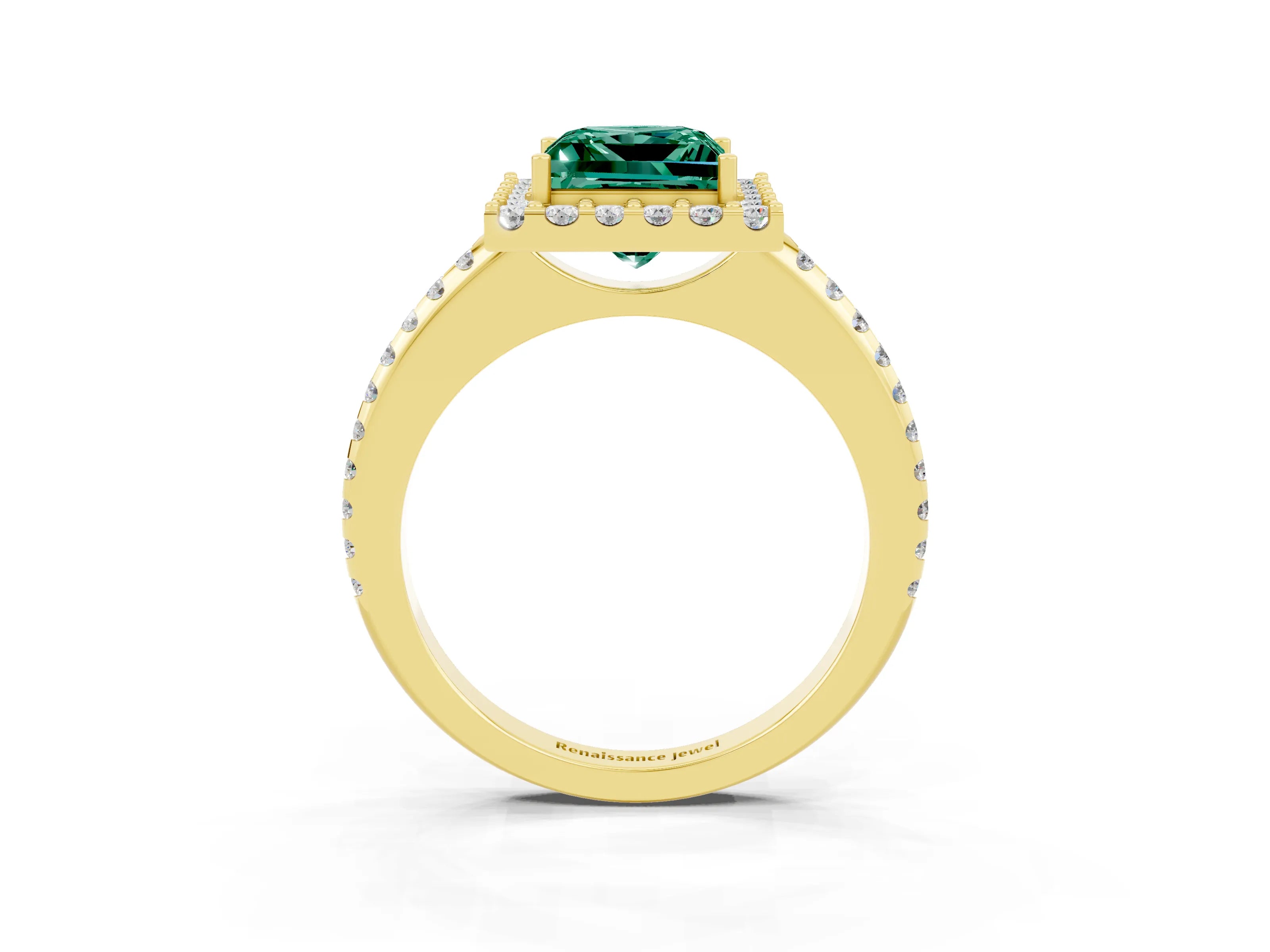 Yellow gold Princess Cut Green Sapphire Pavé Halo Ring with Four-Prong Setting_15