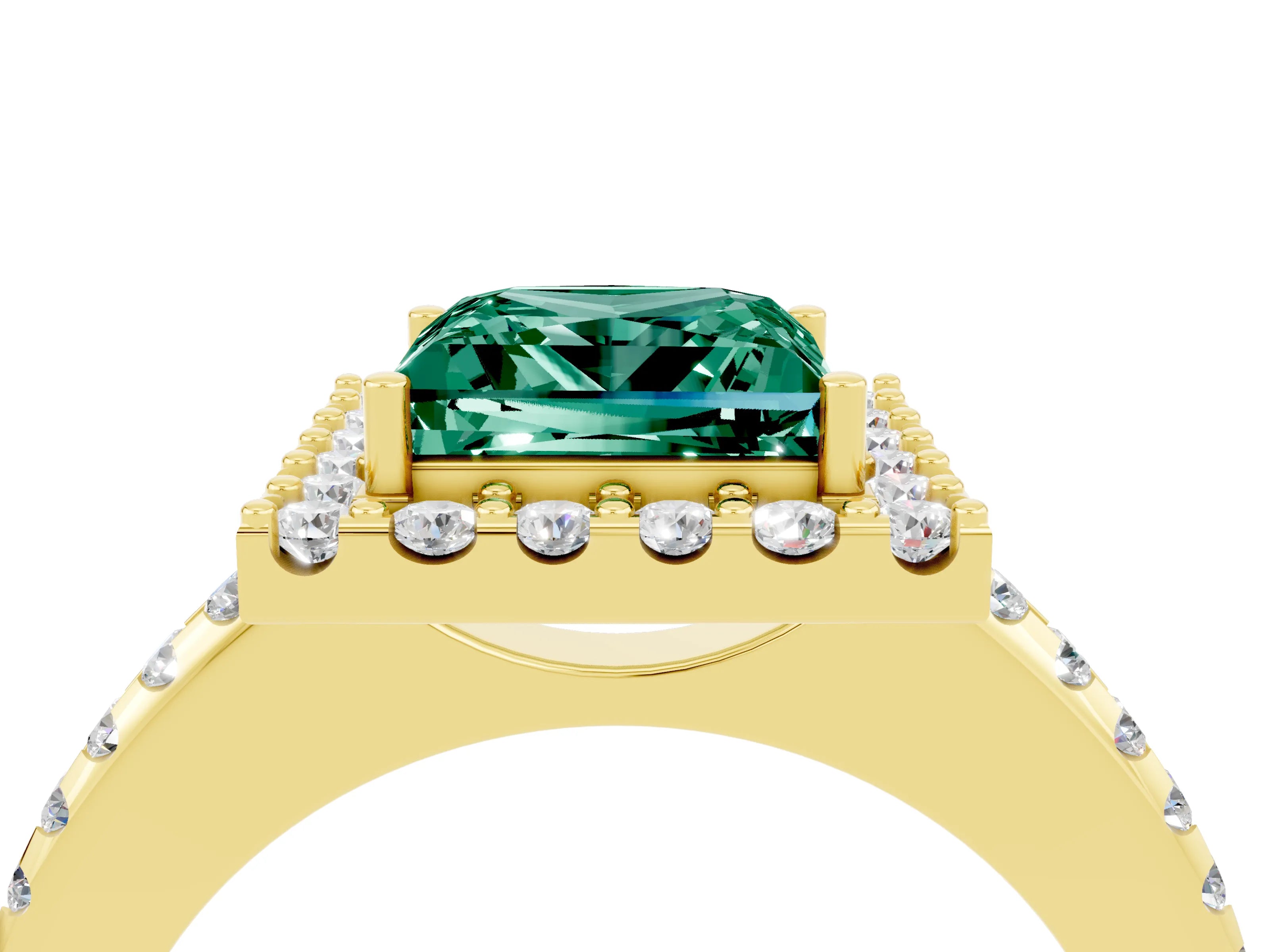 Yellow gold Princess Cut Green Sapphire Pavé Halo Ring with Four-Prong Setting_16