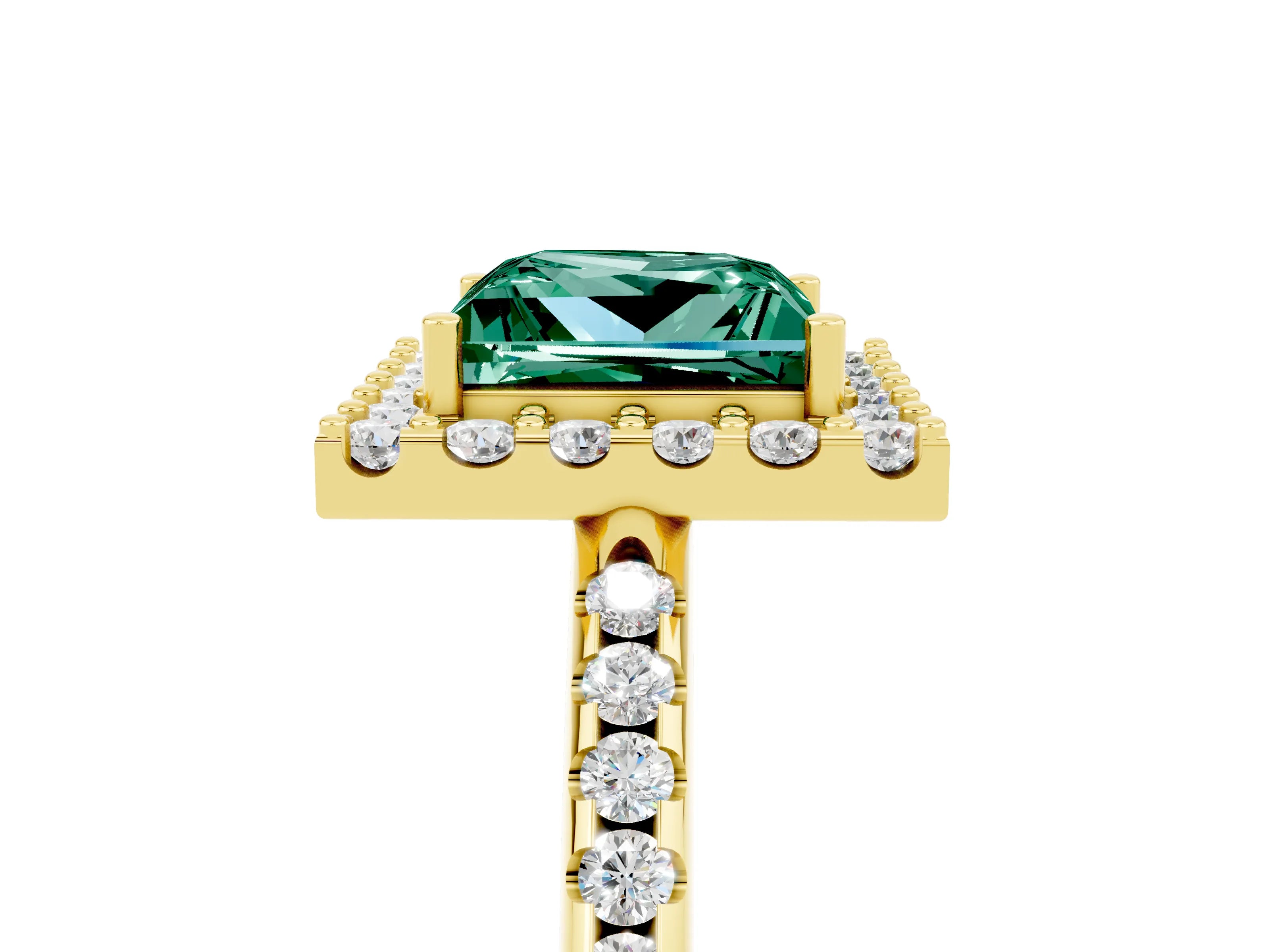 Yellow gold Princess Cut Green Sapphire Pavé Halo Ring with Four-Prong Setting_17