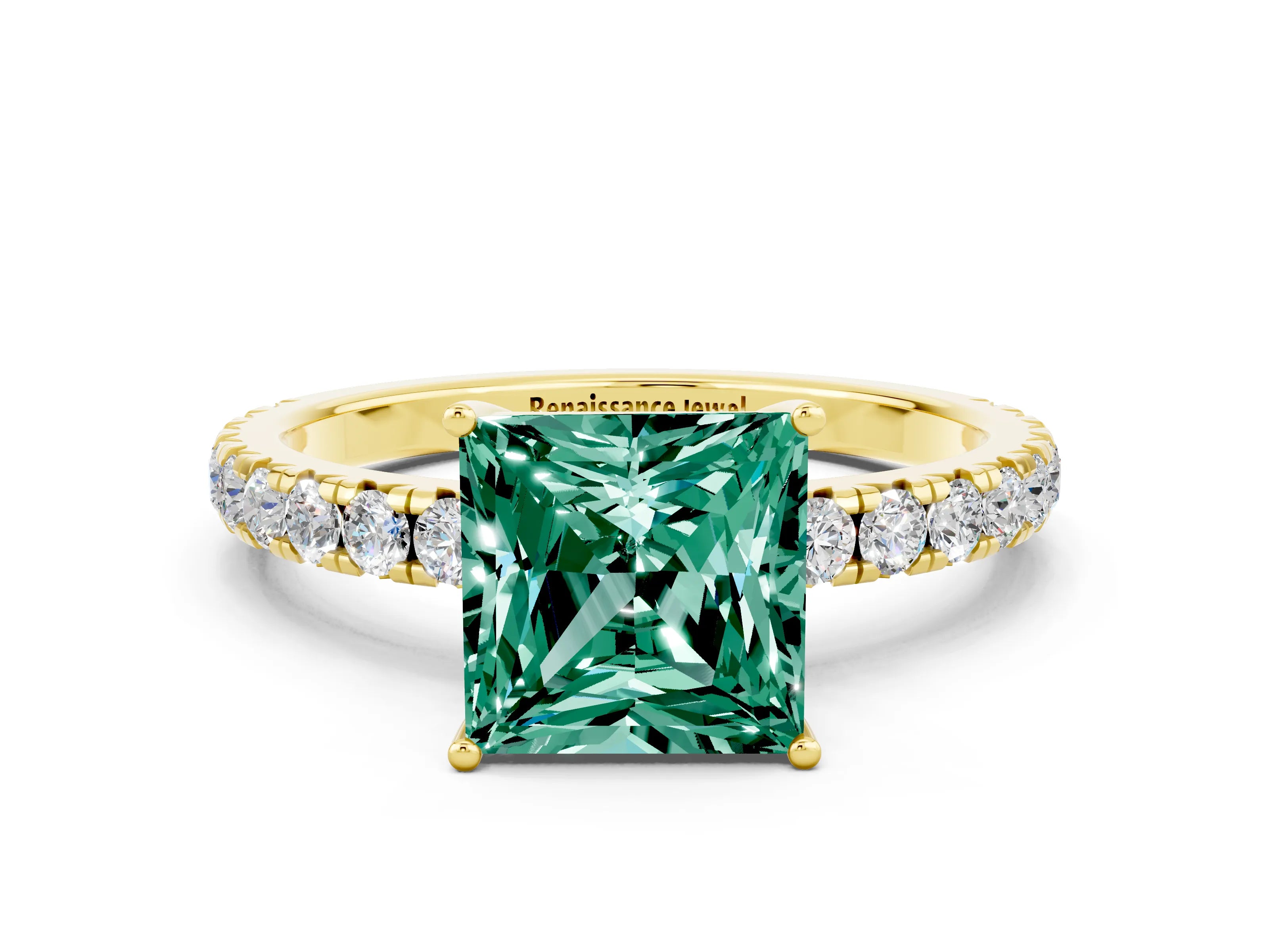 Yellow gold Princess Cut Green Sapphire Pavé Solitaire Engagement Ring with Four-Prong Setting_12