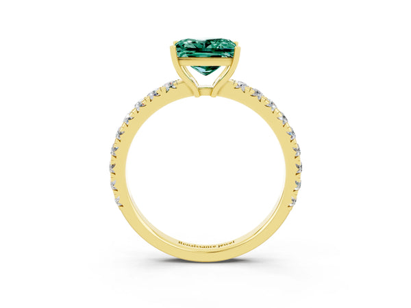 Yellow gold Princess Cut Green Sapphire Pavé Solitaire Engagement Ring with Four-Prong Setting