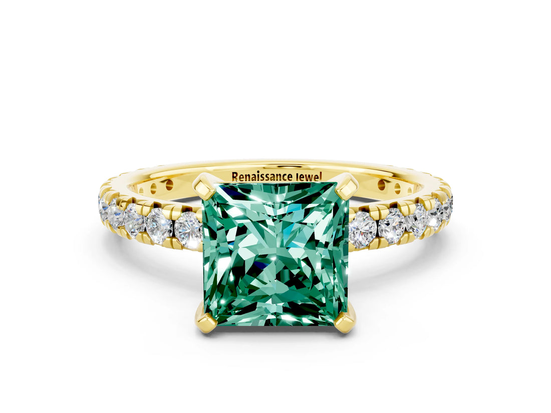 Yellow gold Princess Cut Green Sapphire Pavé Solitaire Ring with Round Band and Prong Setting_24