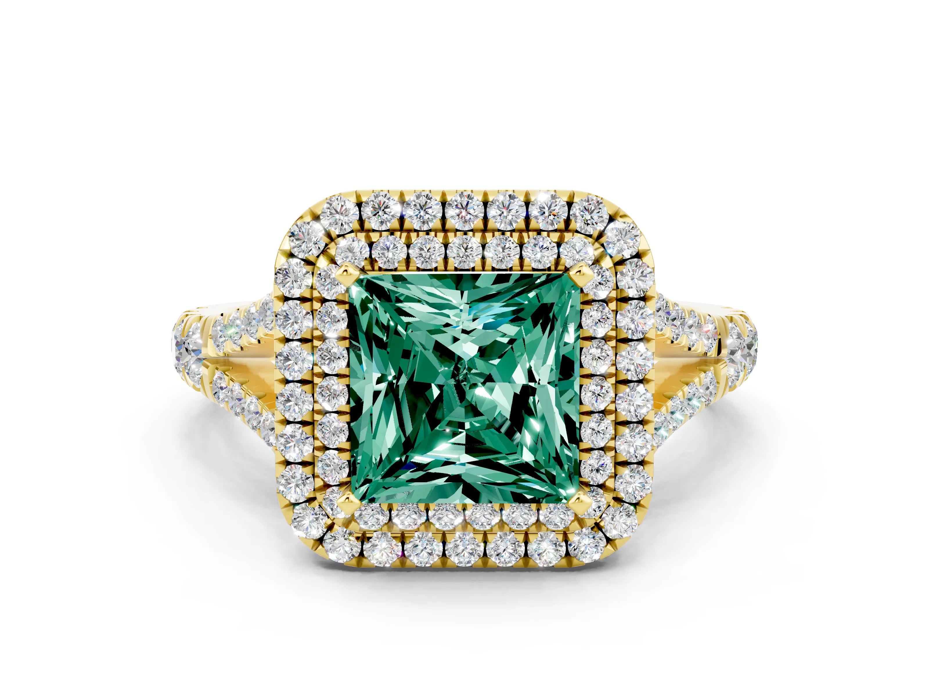 Yellow gold Princess Cut Green Sapphire Pavé Split Shank Double Halo Engagement Ring