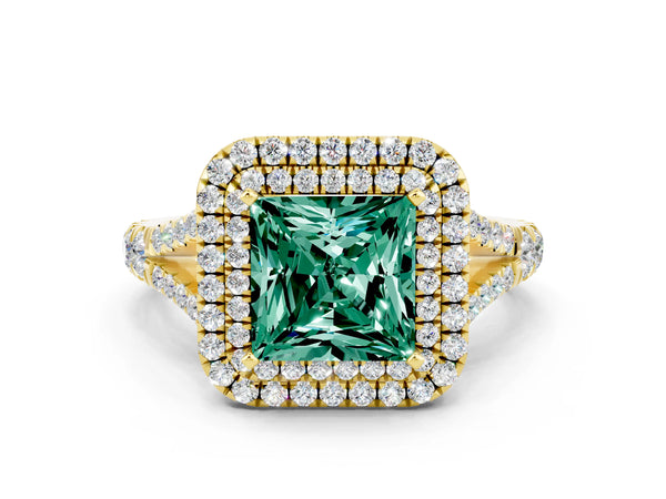 Yellow gold Princess Cut Green Sapphire Pavé Split Shank Double Halo Engagement Ring