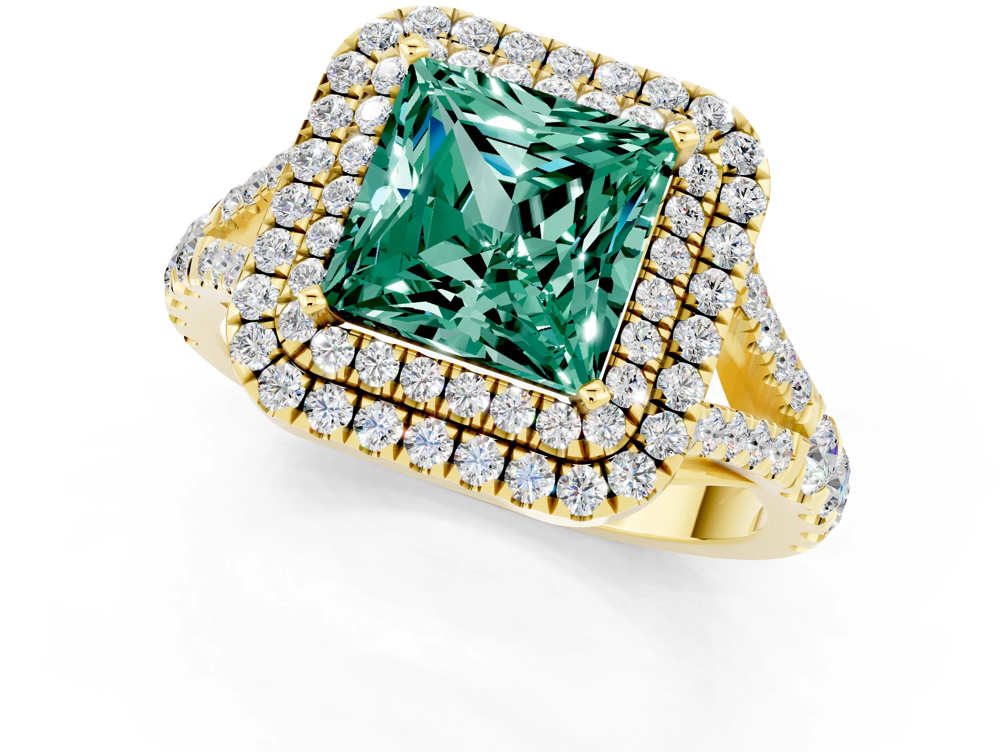 Yellow gold Princess Cut Green Sapphire Pavé Split Shank Double Halo Engagement Ring_1