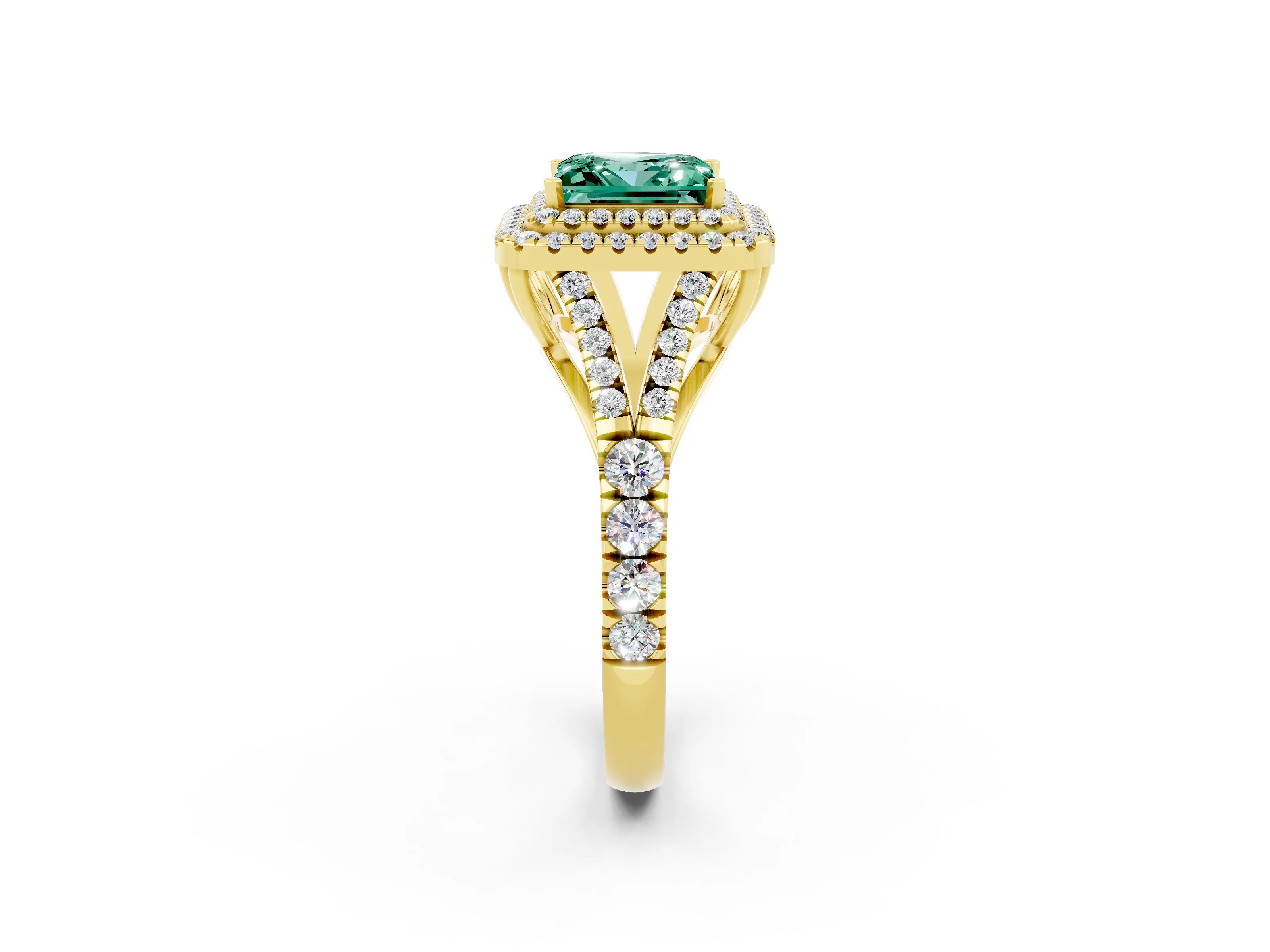 Yellow gold Princess Cut Green Sapphire Pavé Split Shank Double Halo Engagement Ring_2