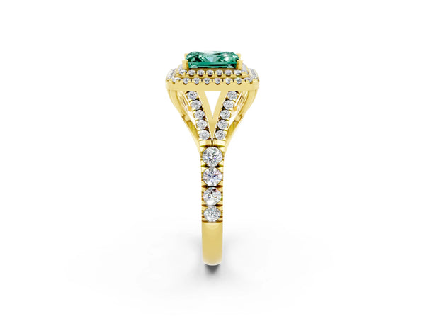 Yellow gold Princess Cut Green Sapphire Pavé Split Shank Double Halo Engagement Ring