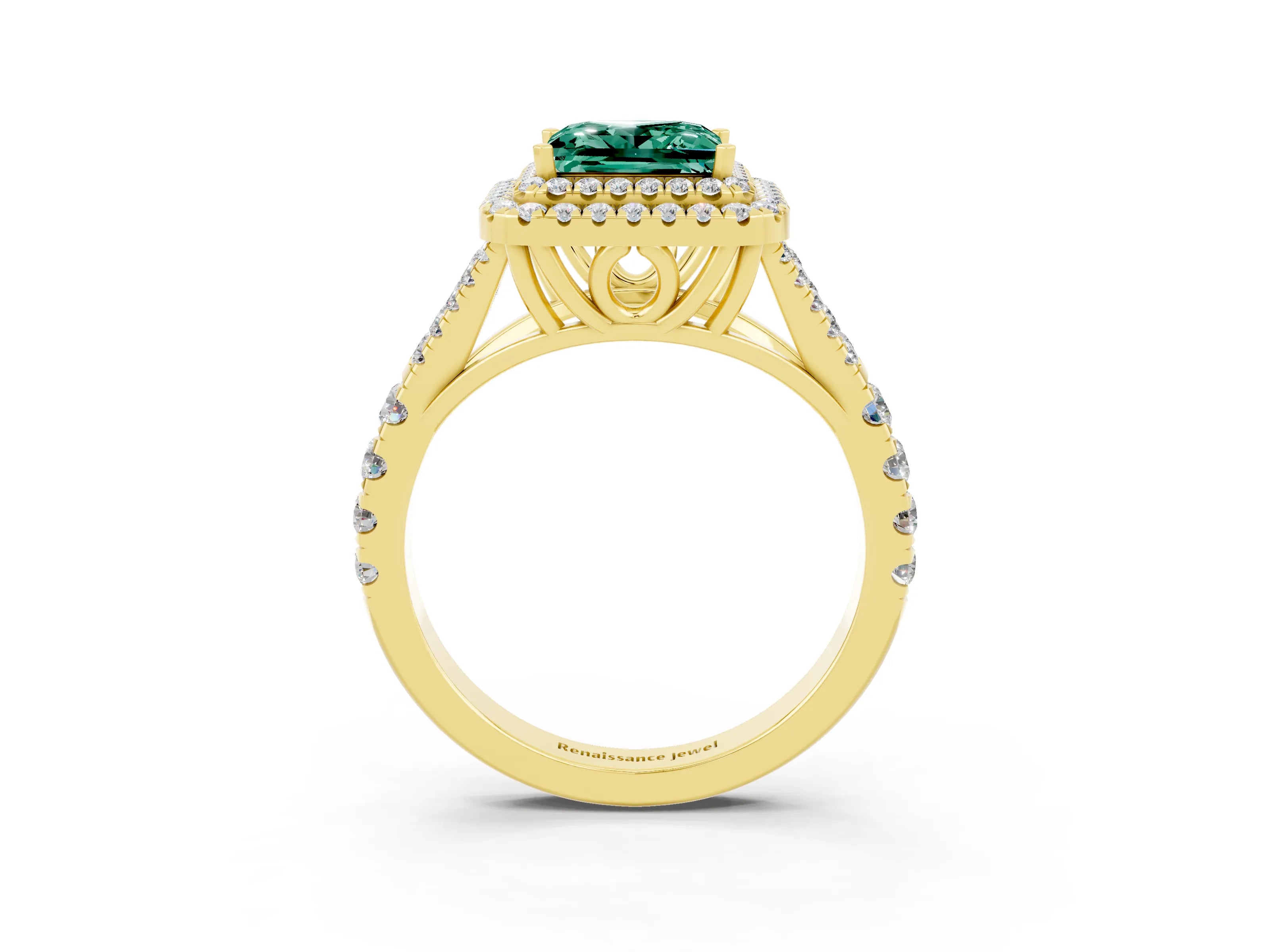Yellow gold Princess Cut Green Sapphire Pavé Split Shank Double Halo Engagement Ring_3