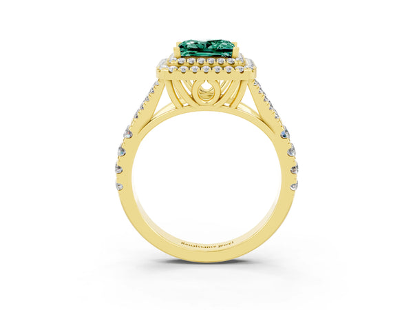 Yellow gold Princess Cut Green Sapphire Pavé Split Shank Double Halo Engagement Ring