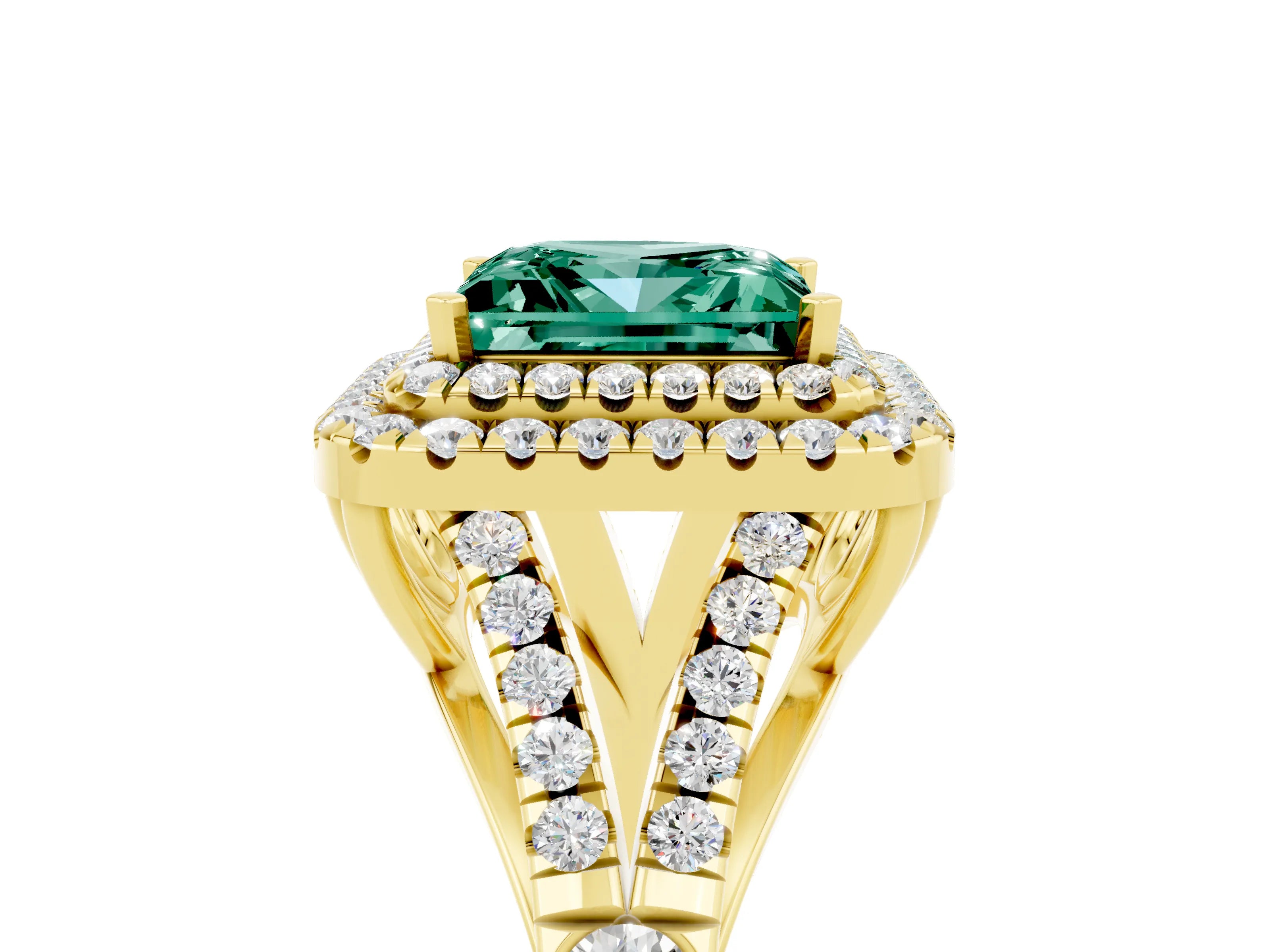 Yellow gold Princess Cut Green Sapphire Pavé Split Shank Double Halo Engagement Ring_5