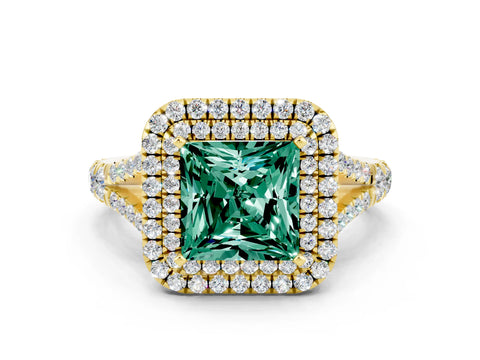 Yellow gold Princess Cut Green Sapphire Pavé Split Shank Double Halo Engagement Ring