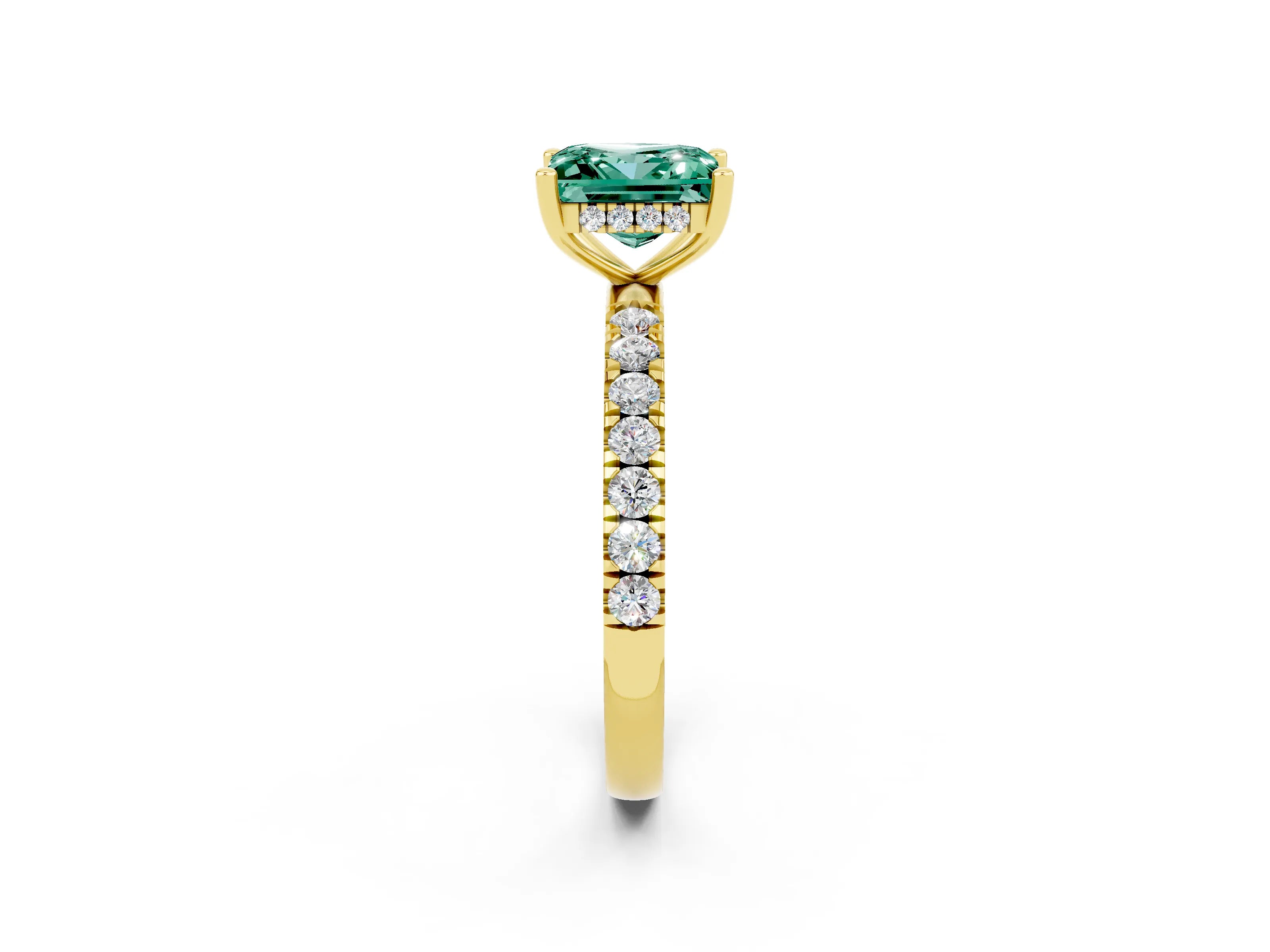Yellow gold Princess Cut Green Sapphire Pave Band Solitaire Ring with Four-Prong Setting_26