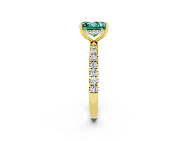 Yellow gold Princess Cut Green Sapphire Pave Band Solitaire Ring with Round  and Prong Setting
