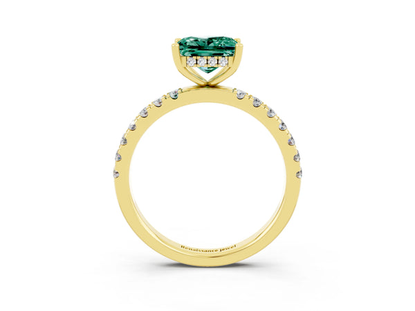 Yellow gold Princess Cut Green Sapphire Pave Band Solitaire Ring with Round  and Prong Setting