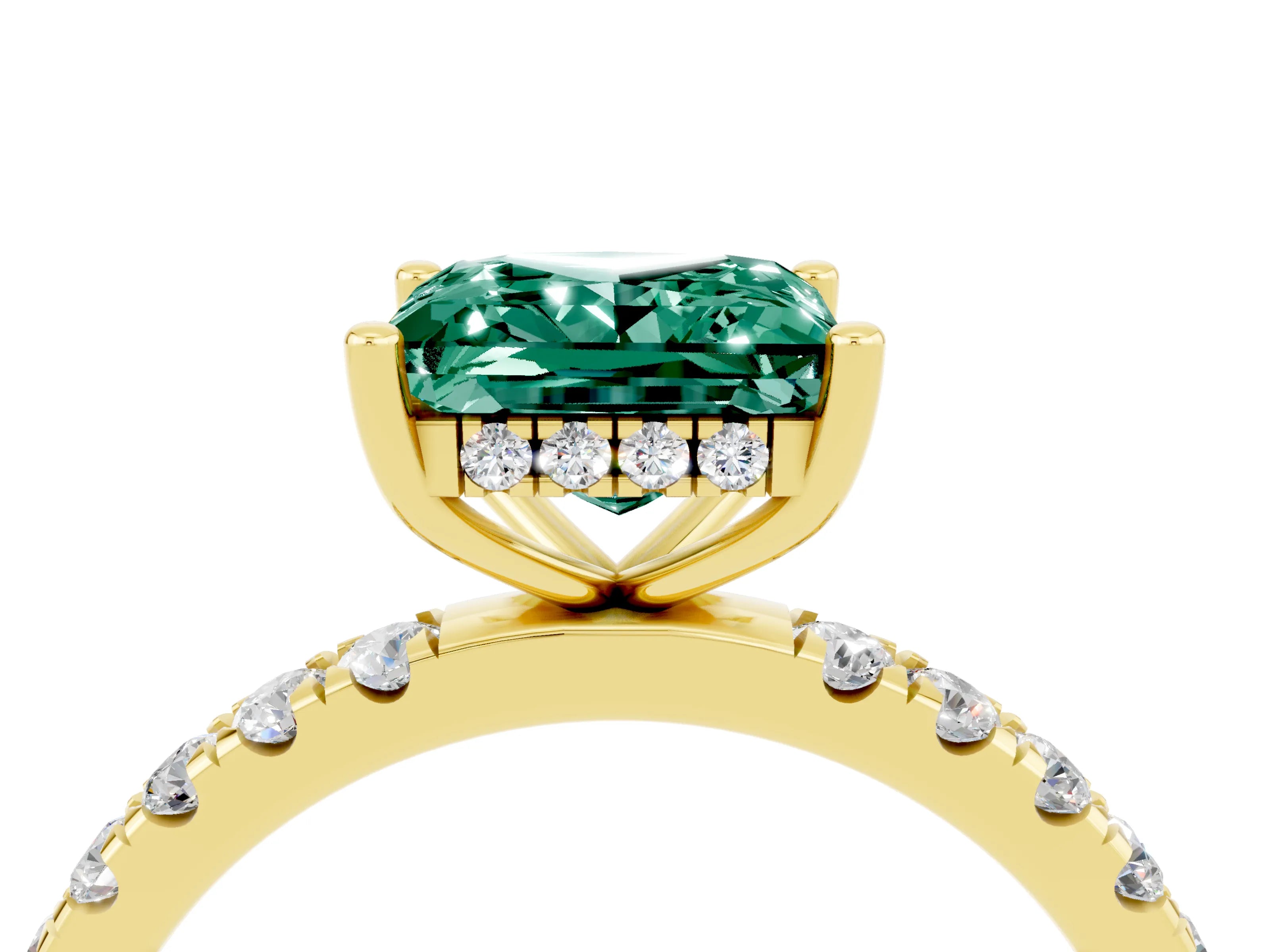 Yellow gold Princess Cut Green Sapphire Pave Band Solitaire Ring with Four-Prong Setting_28
