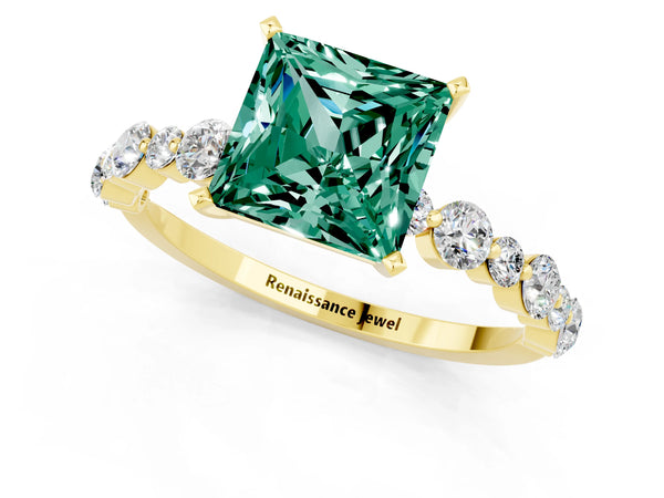 Yellow gold Princess Cut Green Sapphire Prong Set Engagement Ring with Pavé Band