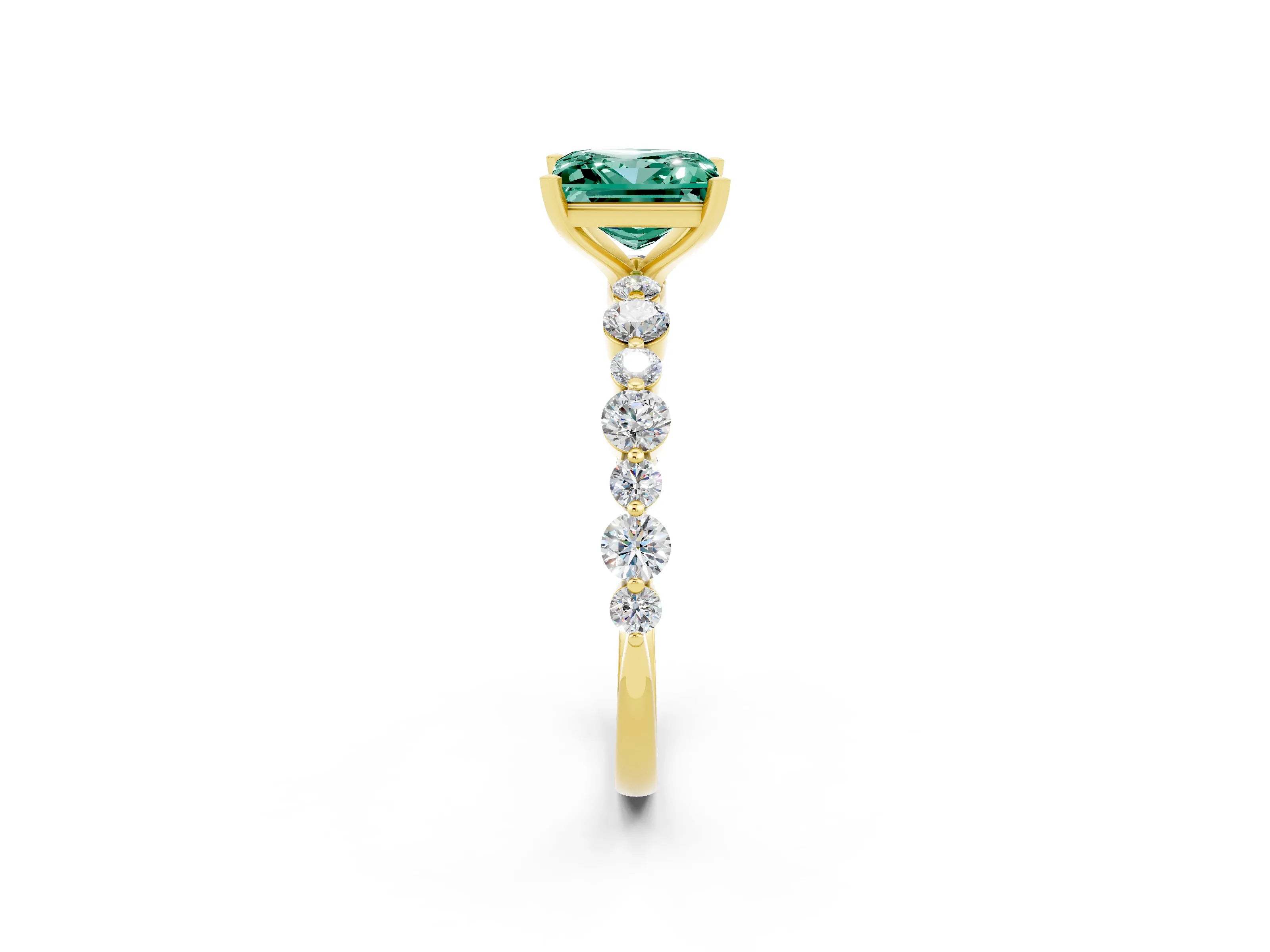 Yellow gold Princess Cut Green Sapphire Prong Set Engagement Ring with Pavé Band_2