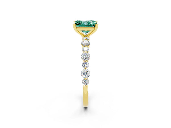 Yellow gold Princess Cut Green Sapphire Prong Set Engagement Ring with Pavé Band