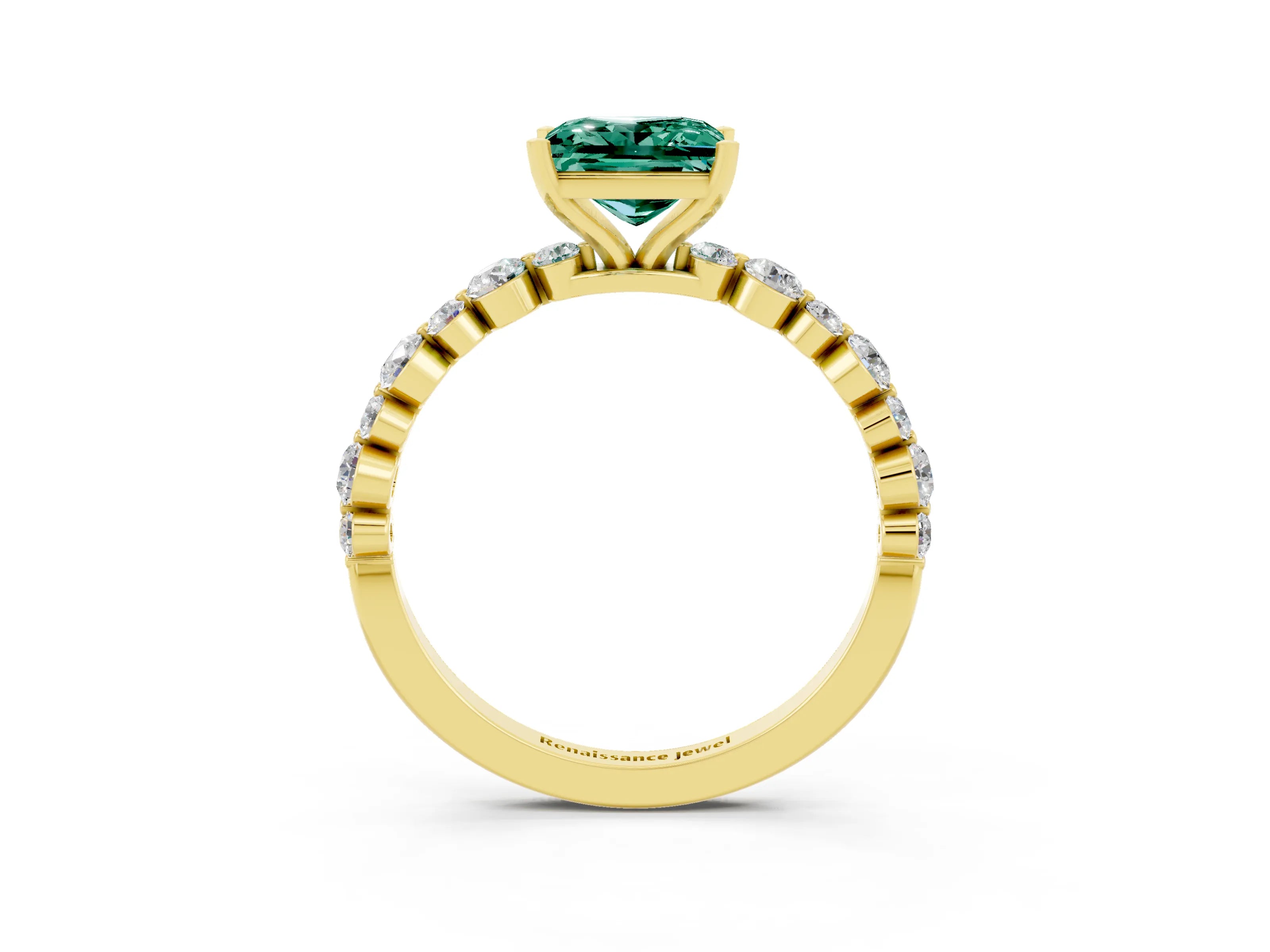 Yellow gold Princess Cut Green Sapphire Prong Set Engagement Ring with Pavé Band_3