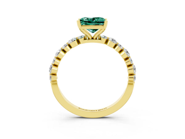 Yellow gold Princess Cut Green Sapphire Prong Set Engagement Ring with Pavé Band