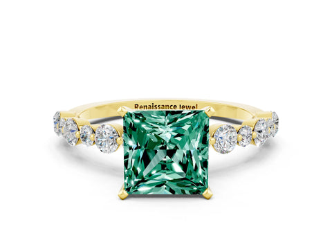 Yellow gold Princess Cut Green Sapphire Prong Set Engagement Ring with Pavé Band