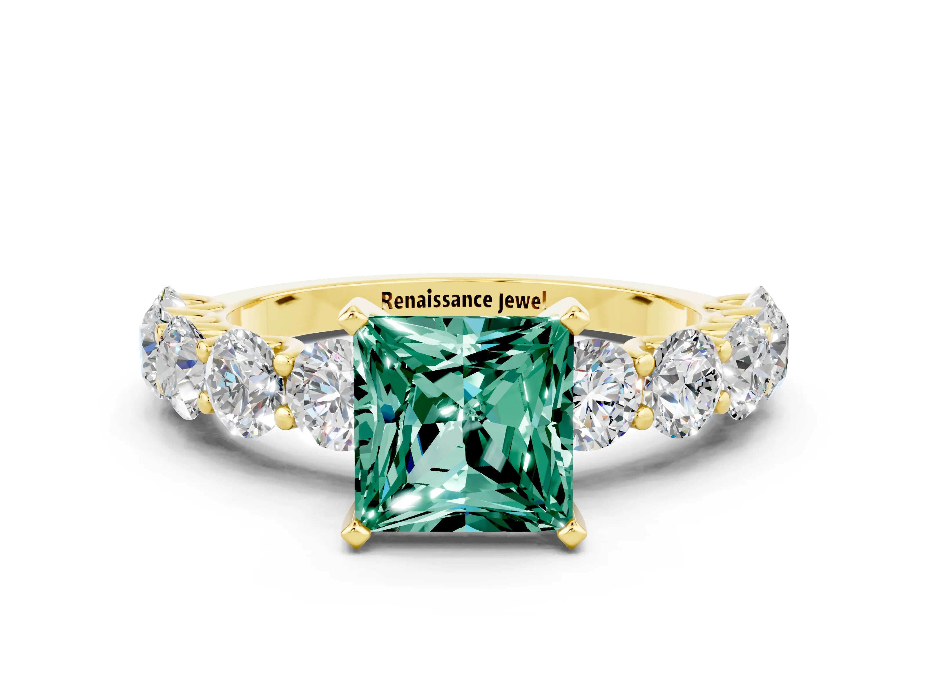 Yellow gold Princess Cut Green Sapphire Prong Setting with Side Stones on a Pave Band