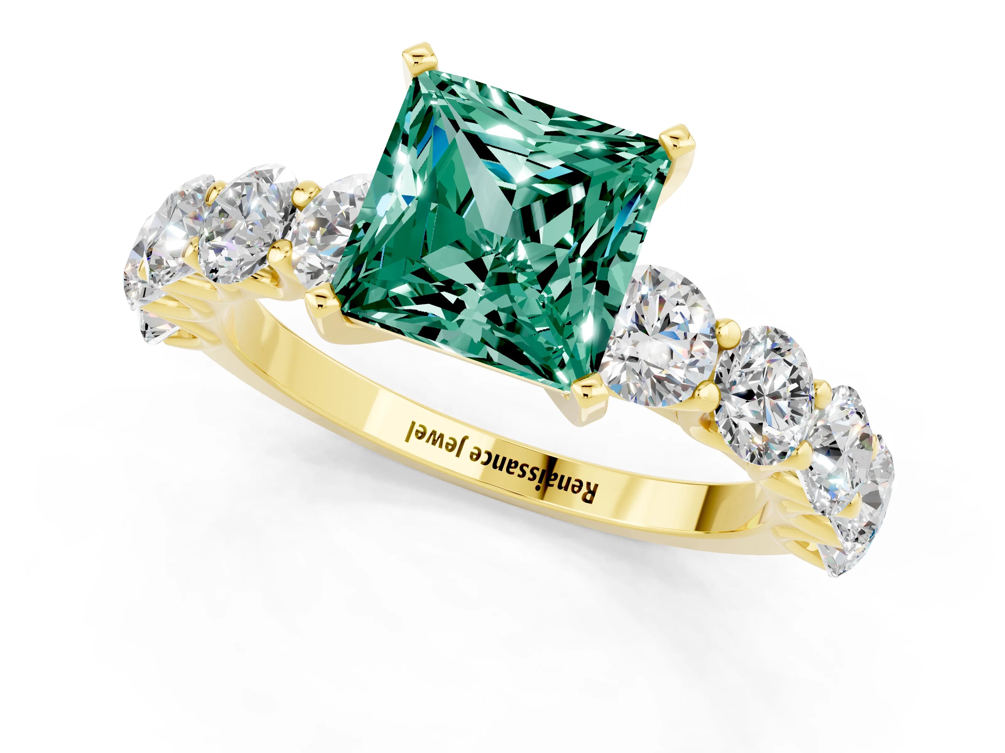Yellow gold Princess Cut Green Sapphire Prong Setting with Side Stones on a Pave Band_1