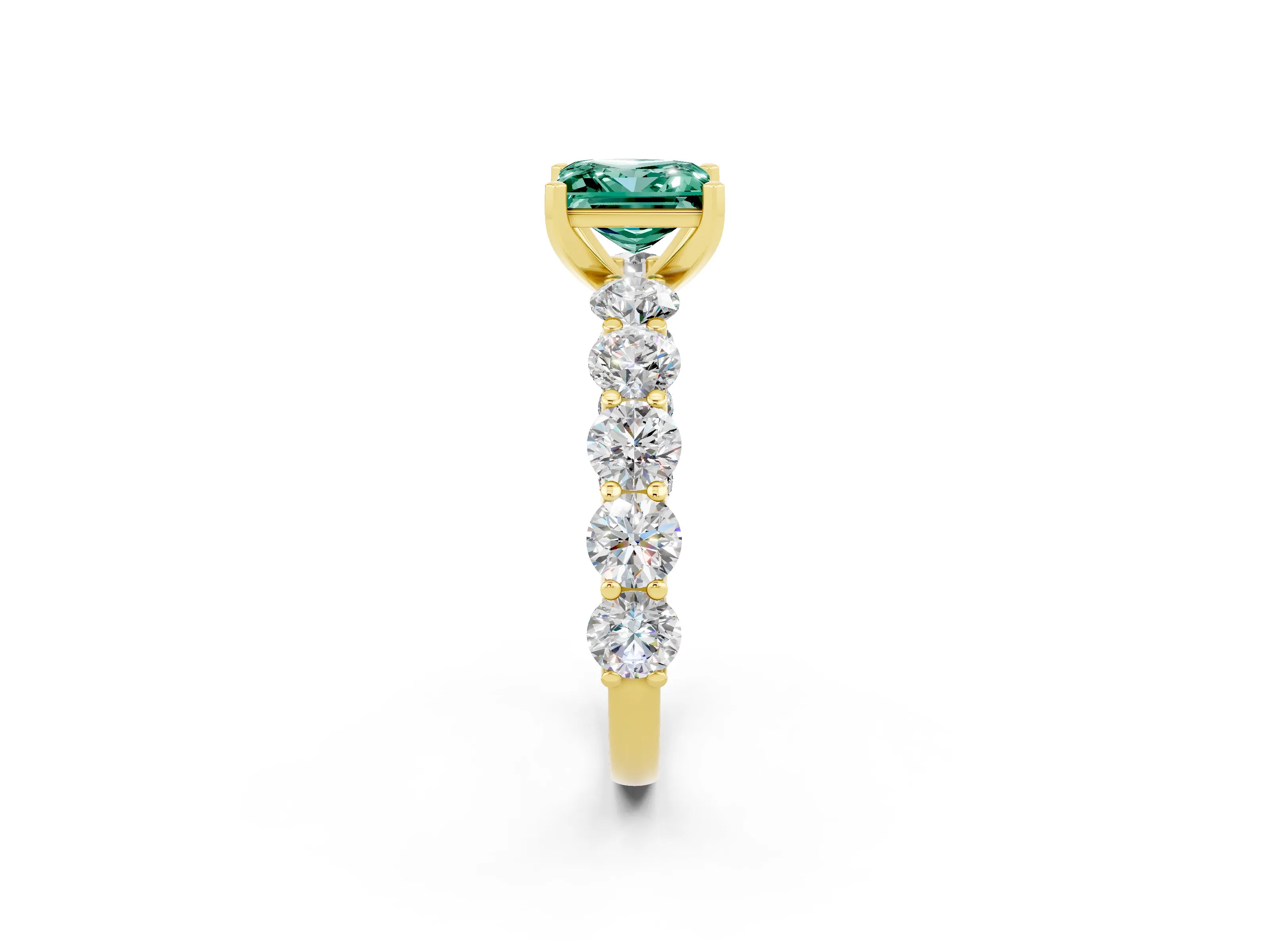 Yellow gold Princess Cut Green Sapphire Prong Setting with Side Stones on a Pave Band_2
