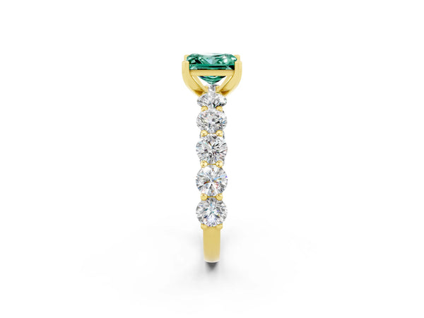 Yellow gold Princess Cut Green Sapphire Prong Setting with Side Stones on a Pave Band
