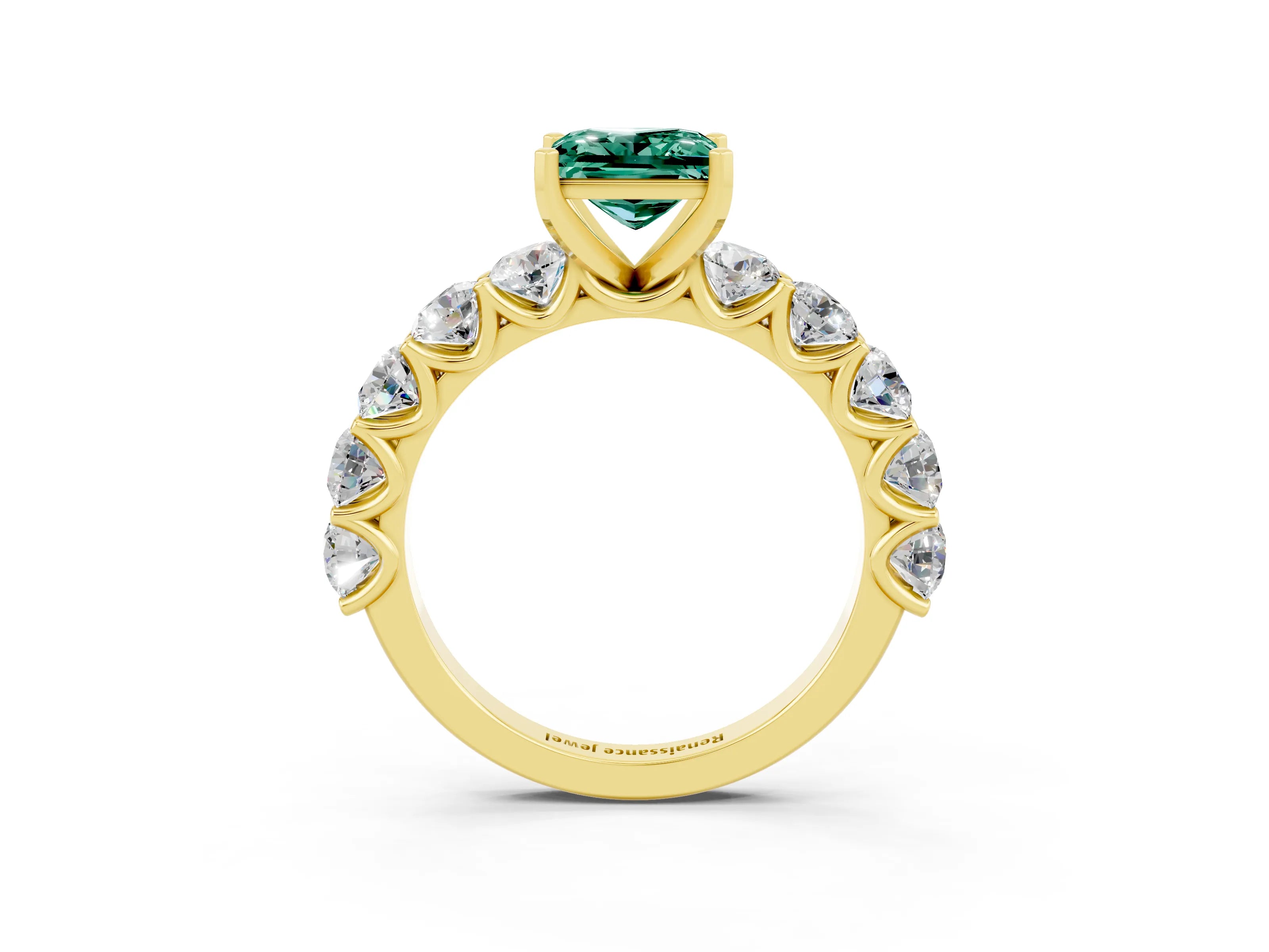 Yellow gold Princess Cut Green Sapphire Prong Setting with Side Stones on a Pave Band_3