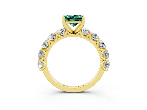 Yellow gold Princess Cut Green Sapphire Prong Setting with Side Stones on a Pave Band