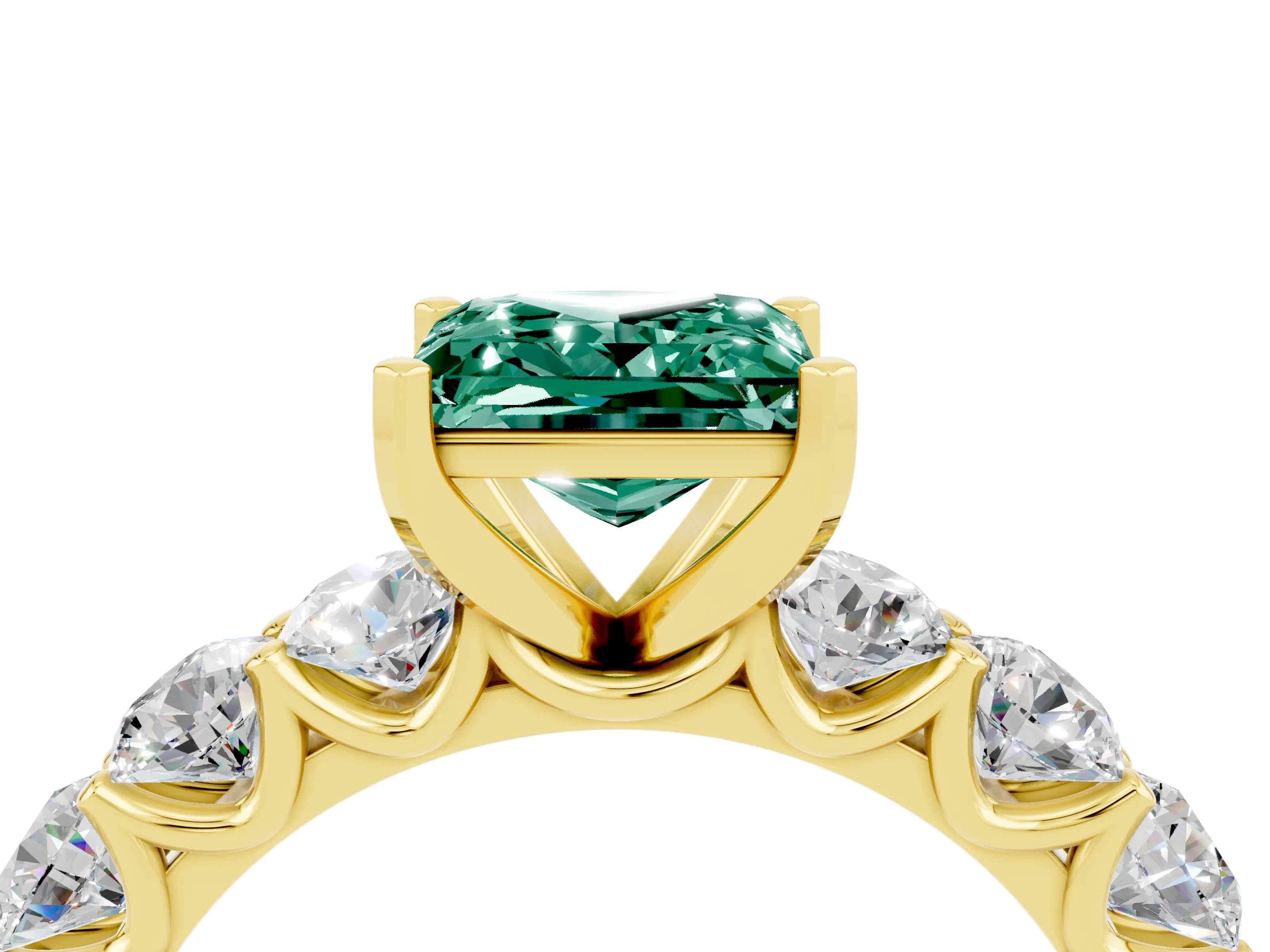 Yellow gold Princess Cut Green Sapphire Prong Setting with Side Stones on a Pave Band_4