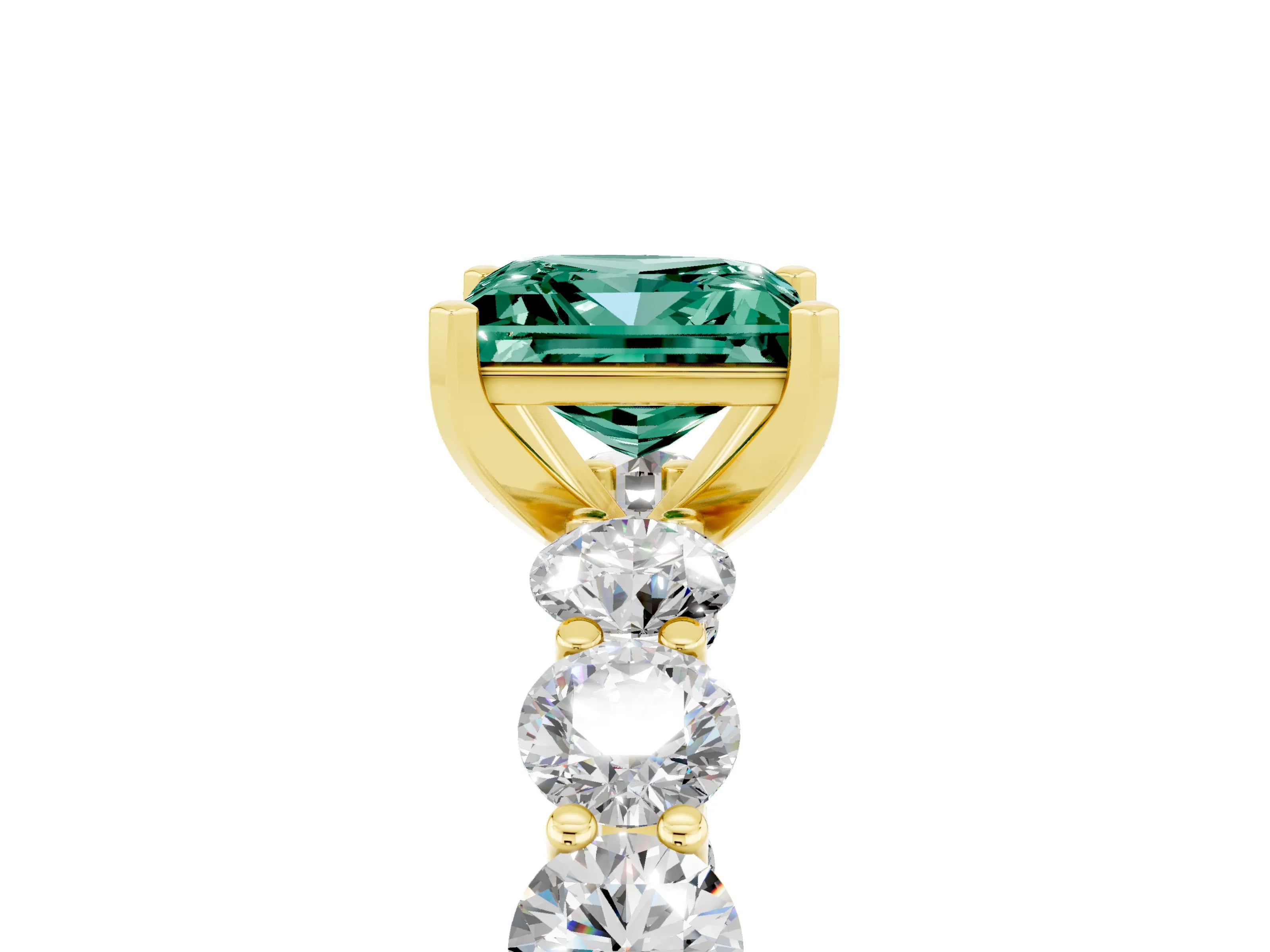 Yellow gold Princess Cut Green Sapphire Prong Setting with Side Stones on a Pave Band_5