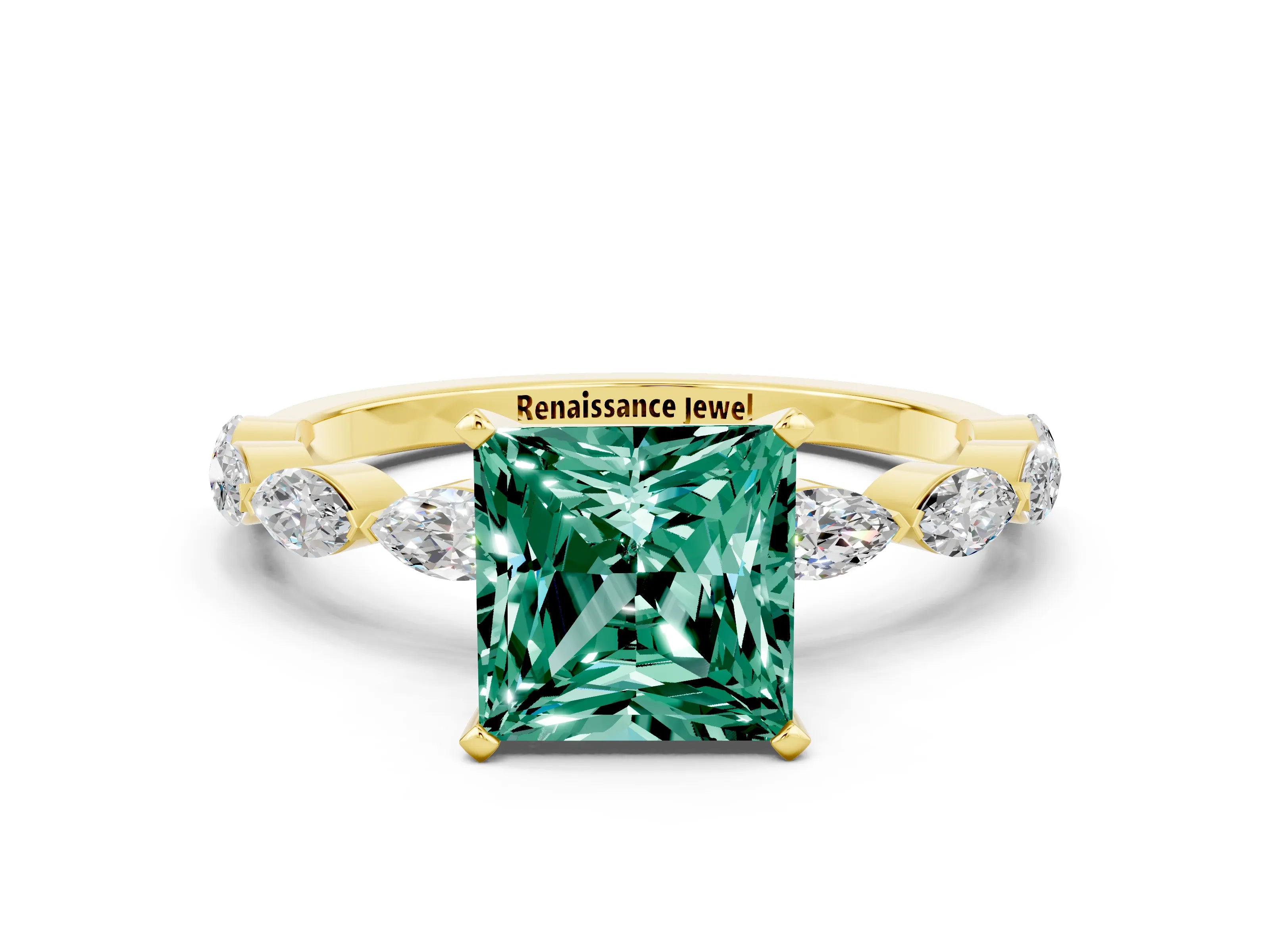 Yellow gold Princess Cut Green Sapphire Ring with Marquise Side Stones and Prong Setting