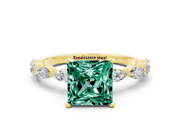 Yellow gold Princess Cut Green Sapphire Ring with Marquise Side Stones and Prong Setting