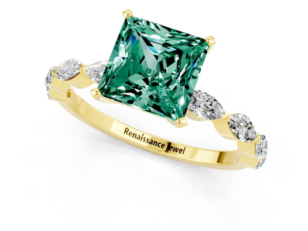 Yellow gold Princess Cut Green Sapphire Ring with Marquise Side Stones and Prong Setting