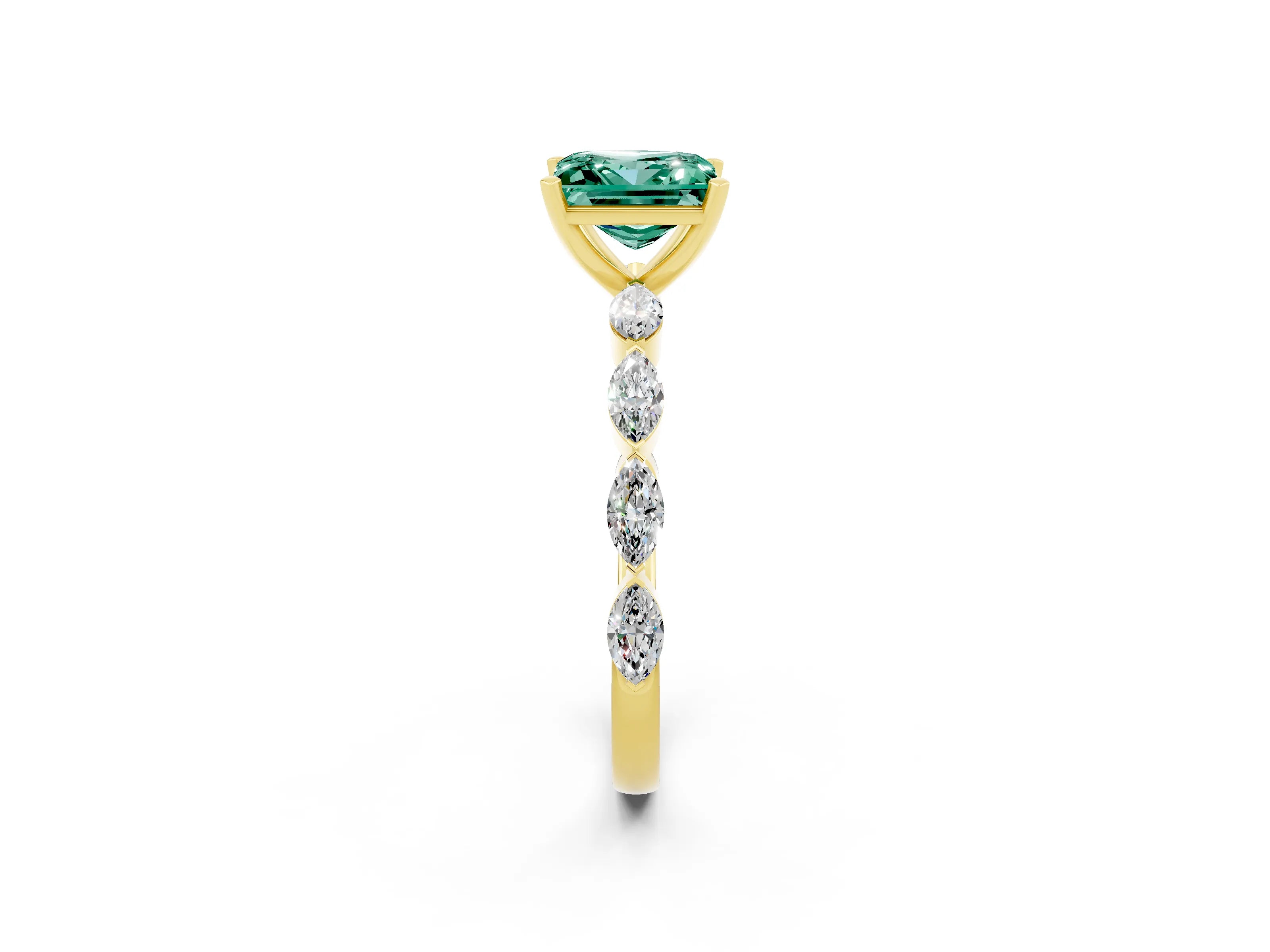 Yellow gold Princess Cut Green Sapphire Ring with Marquise Side Stones and Prong Setting_2