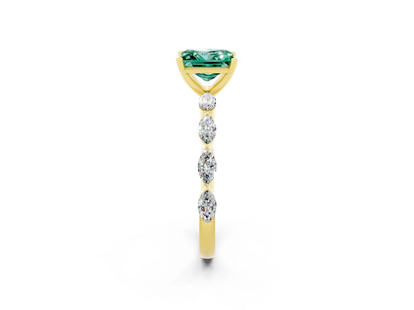Yellow gold Princess Cut Green Sapphire Ring with Marquise Side Stones and Prong Setting