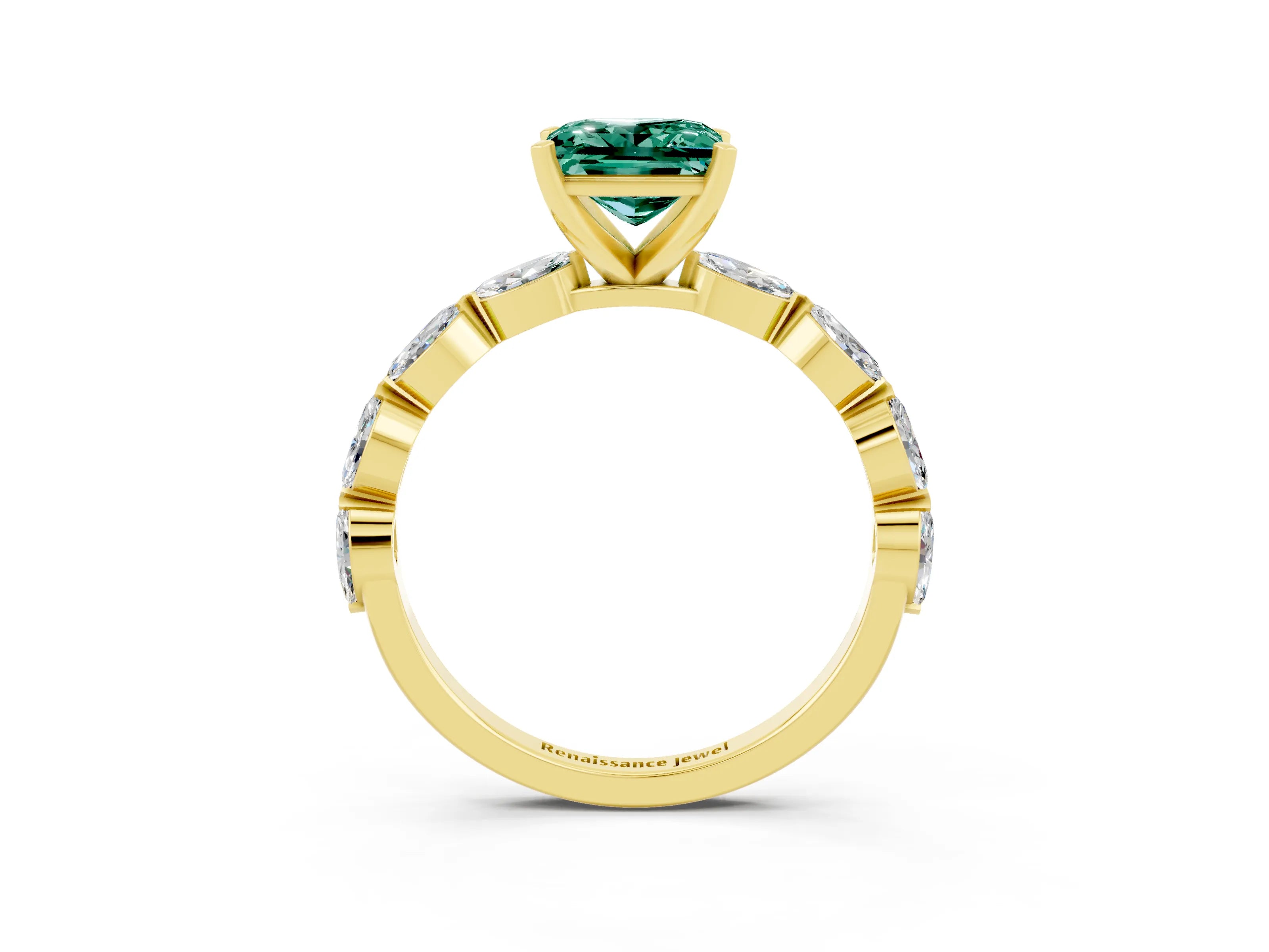 Yellow gold Princess Cut Green Sapphire Ring with Marquise Side Stones and Prong Setting_3